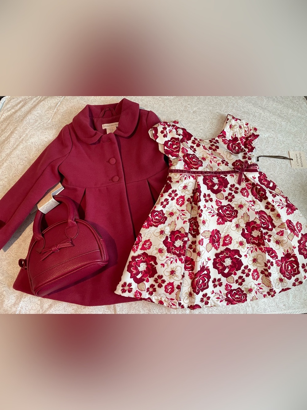 Catherine Malandrino Floral 3Piece Holiday Outfit Dress Coat Handbag Festive NWT